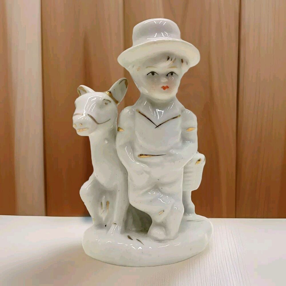 Vintage GOT Ceramic Figure White trimmed with gold. Boy & donkey Basket of Flowe